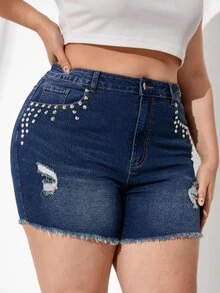 Quần short denim oversized Túi Hem thô Bị tách Đúc Dây kéo màu trơn - Rửa tối - Xem 4