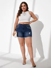 Quần short denim oversized Túi Hem thô Bị tách Đúc Dây kéo màu trơn - Rửa tối - Xem 5