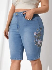 EMERY ROSE Quần short denim thêu hoa thanh lịch - Rửa tối - Xem 1