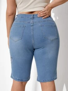EMERY ROSE Quần short denim thêu hoa thanh lịch - Rửa tối - Xem 2
