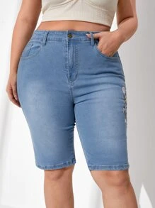 EMERY ROSE Quần short denim thêu hoa thanh lịch - Rửa tối - Xem 3