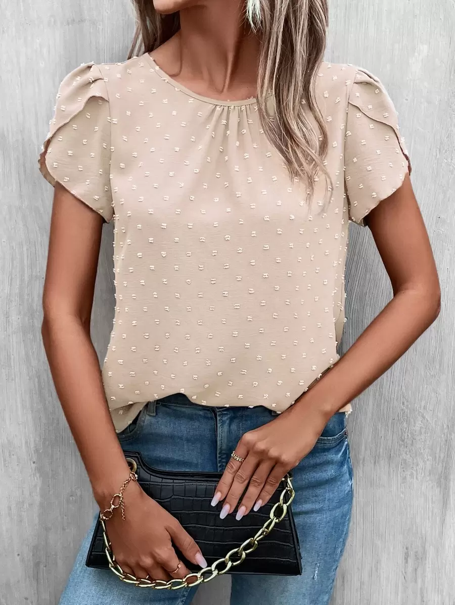 SHEIN Clasi Swiss Dot Petal Sleeve Keyhole Back Blouse - Beige - View 1