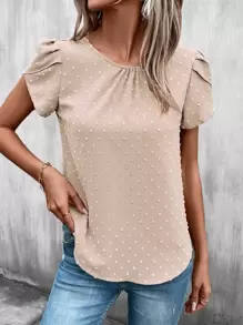 SHEIN Clasi Swiss Dot Petal Sleeve Keyhole Back Blouse - Beige - View 3
