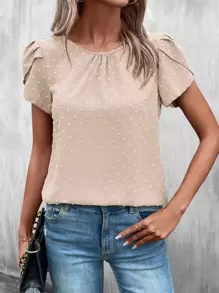 SHEIN Clasi Swiss Dot Petal Sleeve Keyhole Back Blouse - Beige - View 5