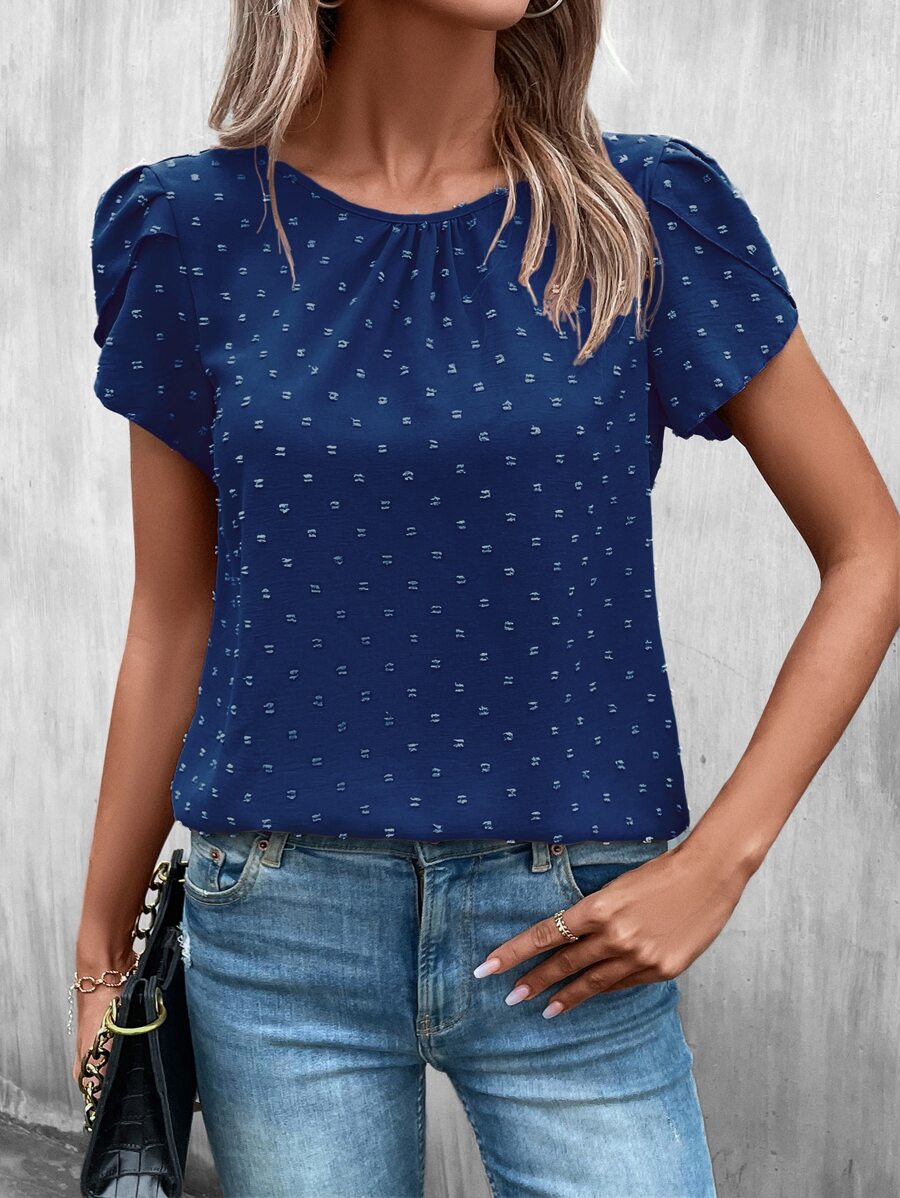 SHEIN Clasi Swiss Dot Petal Sleeve Blouse - Navy Blue - View 1