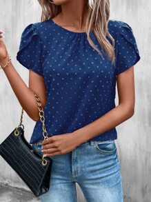 SHEIN Clasi Swiss Dot Petal Sleeve Blouse - Navy Blue - View 3