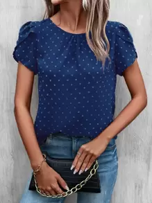 SHEIN Clasi Swiss Dot Petal Sleeve Blouse - Navy Blue - View 4