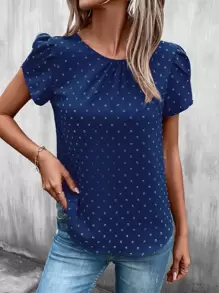 SHEIN Clasi Swiss Dot Petal Sleeve Blouse - Navy Blue - View 5