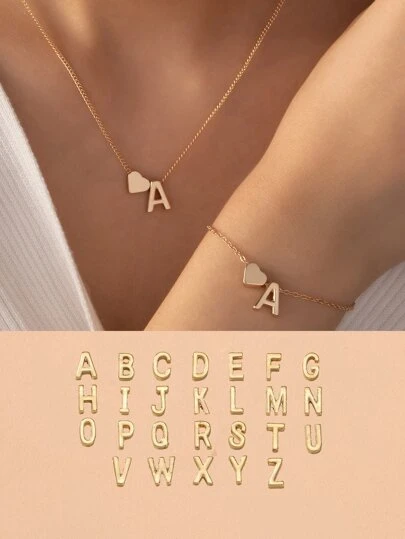 1 件字母和心形装饰项链和 1 件手链铜首饰情人节、妈妈、母亲、母亲节、礼物