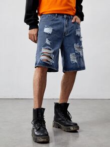 ROMWE MEN Guys Ripped Denim Shorts - Medium Wash - View 1