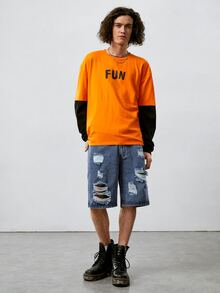 ROMWE MEN Guys Ripped Denim Shorts - Medium Wash - View 4