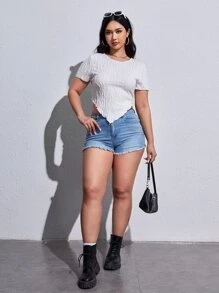 SHEIN EZwear 大碼素色手帕下擺T恤 - 白色 - 查看 5