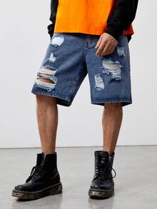ROMWE MEN Guys Ripped Denim Shorts - Medium Wash - View 5
