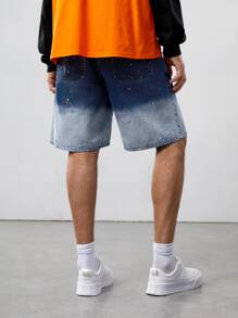 ROMWE MEN Guys Ombre Splatter Painting Denim Shorts - Medium Wash - View 2