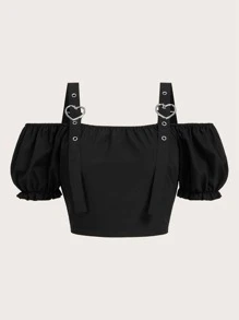 ROMWE Kawaii Solid Cold Shoulder Grommet Eyelet Buckle Detail Crop Blouse - Black - View 1