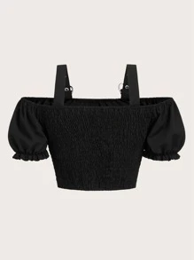 ROMWE Kawaii Solid Cold Shoulder Grommet Eyelet Buckle Detail Crop Blouse - Black - View 2