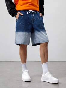 ROMWE MEN Guys Ombre Splatter Painting Denim Shorts - Medium Wash - View 3