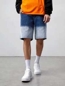 ROMWE MEN Guys Ombre Splatter Painting Denim Shorts - Medium Wash - View 4