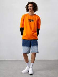 ROMWE MEN Guys Ombre Splatter Painting Denim Shorts - Medium Wash - View 5