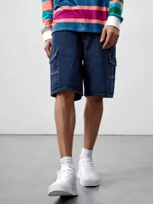 ROMWE MEN Street Life Men Cotton Flap Pocket Side Denim Shorts - Dark Wash - View 1