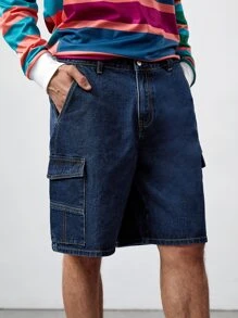 ROMWE MEN Street Life Men Cotton Flap Pocket Side Denim Shorts - Dark Wash - View 5