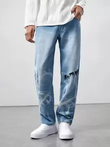 ROMWE MEN Guys Graphic Straight Leg Jeans - Medium Wash - View 1