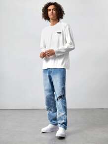 ROMWE MEN Guys Graphic Straight Leg Jeans - Medium Wash - View 3