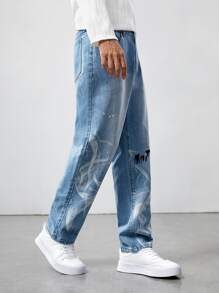 ROMWE MEN Guys Graphic Straight Leg Jeans - Medium Wash - View 4