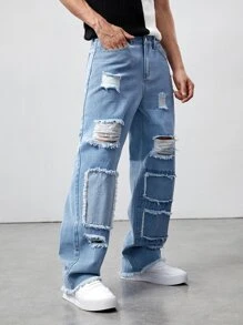ROMWE MEN Street Life Quần Jeans Ống Thẳng Baggy Rách Cotton Cho Nam, Đi Học - Rửa nhẹ - Xem 1