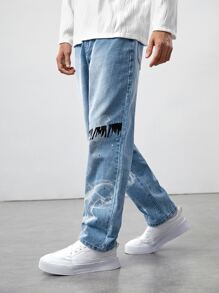 ROMWE MEN Guys Graphic Straight Leg Jeans - Medium Wash - View 6