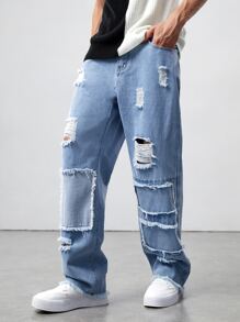 ROMWE MEN Street Life Quần Jeans Ống Thẳng Baggy Rách Cotton Cho Nam, Đi Học - Rửa nhẹ - Xem 3