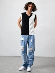 ROMWE MEN Street Life Quần Jeans Ống Thẳng Baggy Rách Cotton Cho Nam, Đi Học - Rửa nhẹ - Xem 4