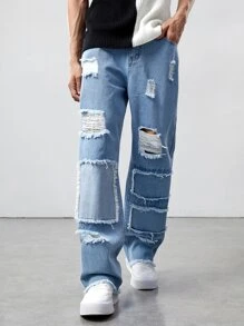 ROMWE MEN Street Life Quần Jeans Ống Thẳng Baggy Rách Cotton Cho Nam, Đi Học - Rửa nhẹ - Xem 5