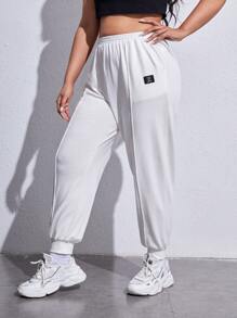 SHEIN EZwear Plus Letter Patched Detail Seam Detail Joggers - White - View 2
