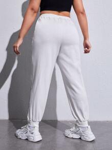 SHEIN EZwear Plus Letter Patched Detail Seam Detail Joggers - White - View 3