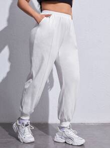 SHEIN EZwear Plus Letter Patched Detail Seam Detail Joggers - White - View 5