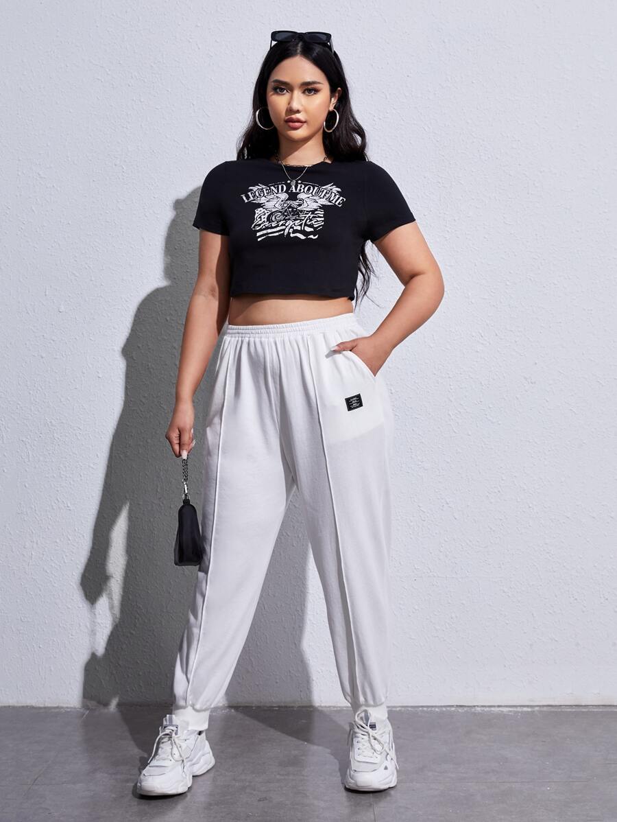 SHEIN EZwear Plus Letter Patched Detail Seam Detail Joggers - White - View 1