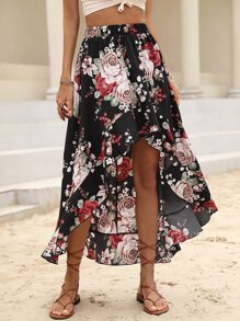 SHEIN VCAY Floral Print High Low Hem Skirt - Black - View 5