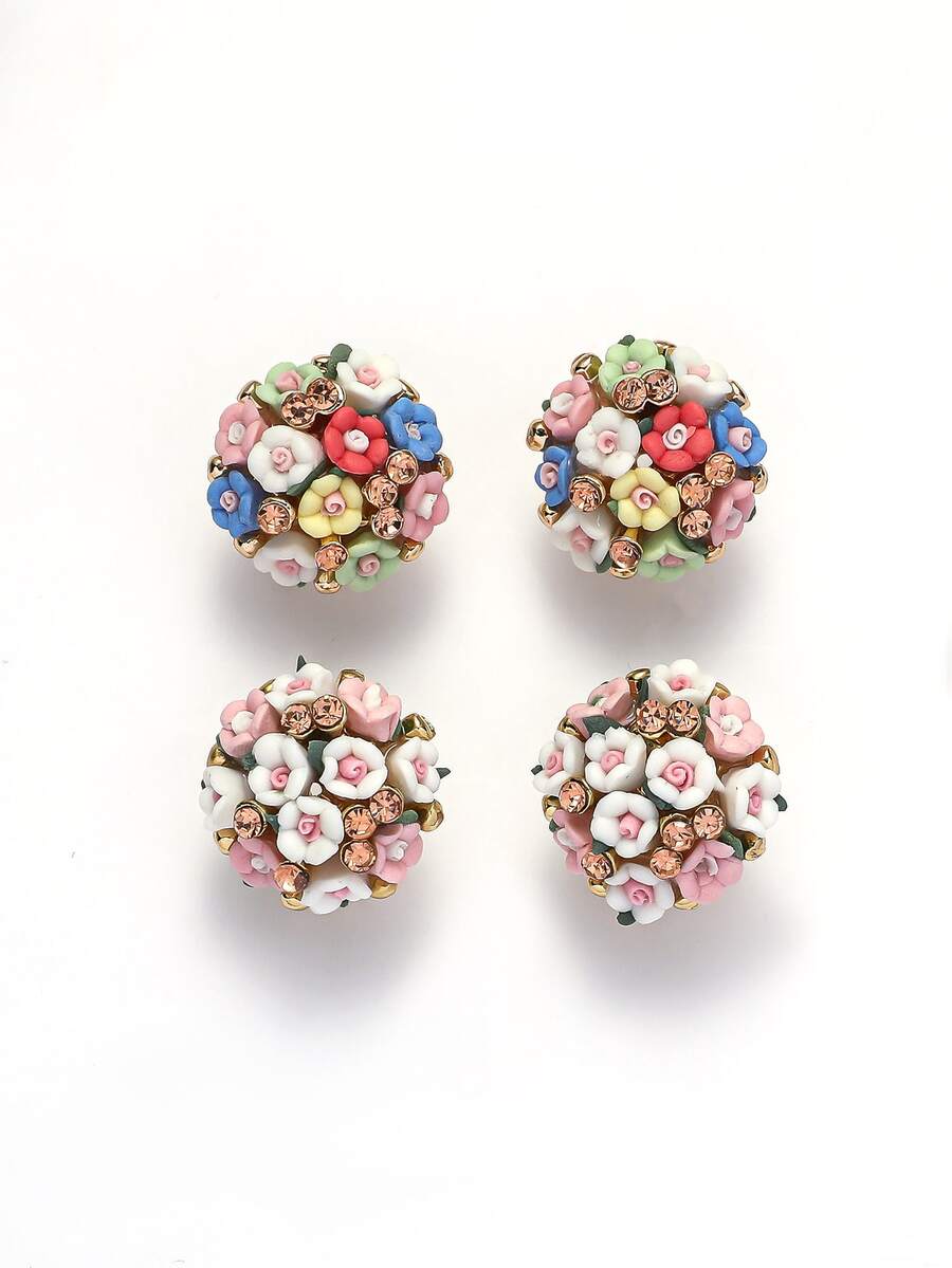 Flower Decor Stud Earrings - Multicolor - View 1