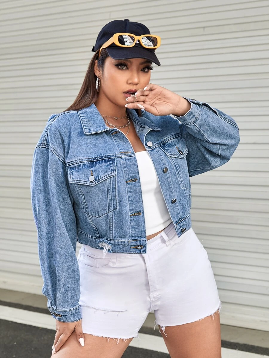 SHEIN EZwear Plus Flap Pocket Drop Shoulder Denim Jacket - Medium Wash - View 1