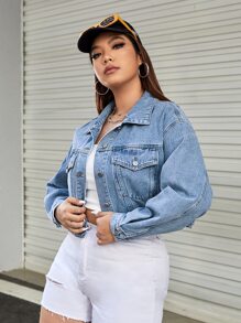 SHEIN EZwear Plus Flap Pocket Drop Shoulder Denim Jacket - Medium Wash - View 4