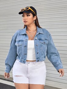 SHEIN EZwear Plus Flap Pocket Drop Shoulder Denim Jacket - Medium Wash - View 5