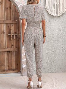 SHEIN VCAY 滿版印花交疊領蝙蝠袖連身褲 - 杏色 - 查看 2