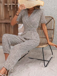 SHEIN VCAY 滿版印花交疊領蝙蝠袖連身褲 - 杏色 - 查看 5