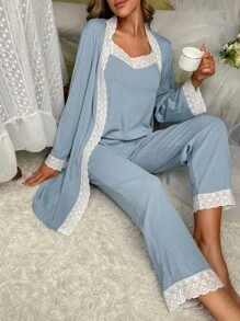 Bộ PJ Cami ren tương phản / Bộ Pyjama kèm áo choàng - Màu xanh nhạt - Xem 1