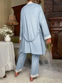 Bộ PJ Cami ren tương phản / Bộ Pyjama kèm áo choàng - Màu xanh nhạt - Xem 2
