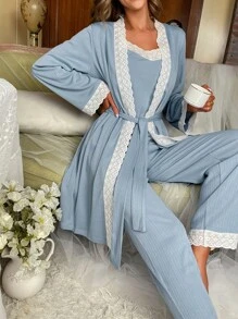 Bộ PJ Cami ren tương phản / Bộ Pyjama kèm áo choàng - Màu xanh nhạt - Xem 3