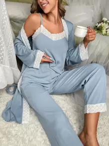 Bộ PJ Cami ren tương phản / Bộ Pyjama kèm áo choàng - Màu xanh nhạt - Xem 6