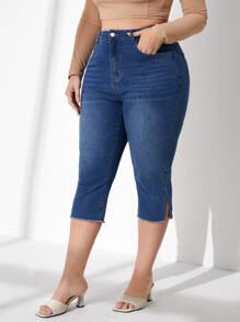 SHEIN Essnce Plus High Waist Split Hem Skinny Jeans - Dark Wash - View 1