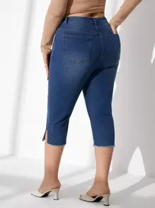 SHEIN Essnce Plus High Waist Split Hem Skinny Jeans - Dark Wash - View 2